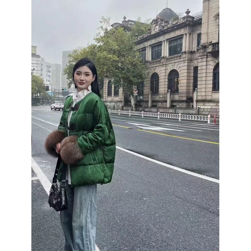 【深圳南油二姐】新中式国风设计师款网红复古羽绒服毛袖头外套7116