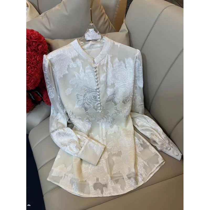 【深圳南油】新中式网纱民族风刺绣多扣提花绣花打底衫8119