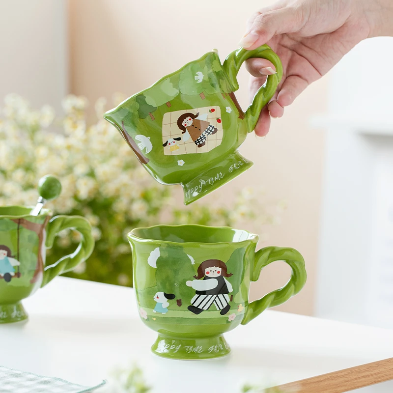 川岛屋可爱马克杯高脚杯子办公室陶瓷水杯网红女高颜值早餐咖啡杯