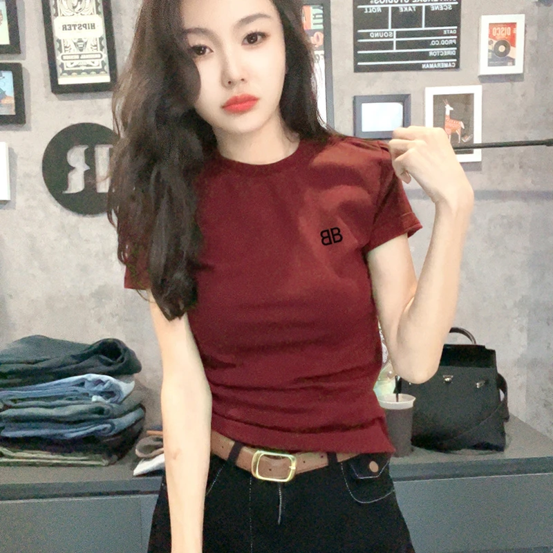 字母刺绣圆领棉T恤女春夏季修身显瘦时尚透气舒适百搭上衣