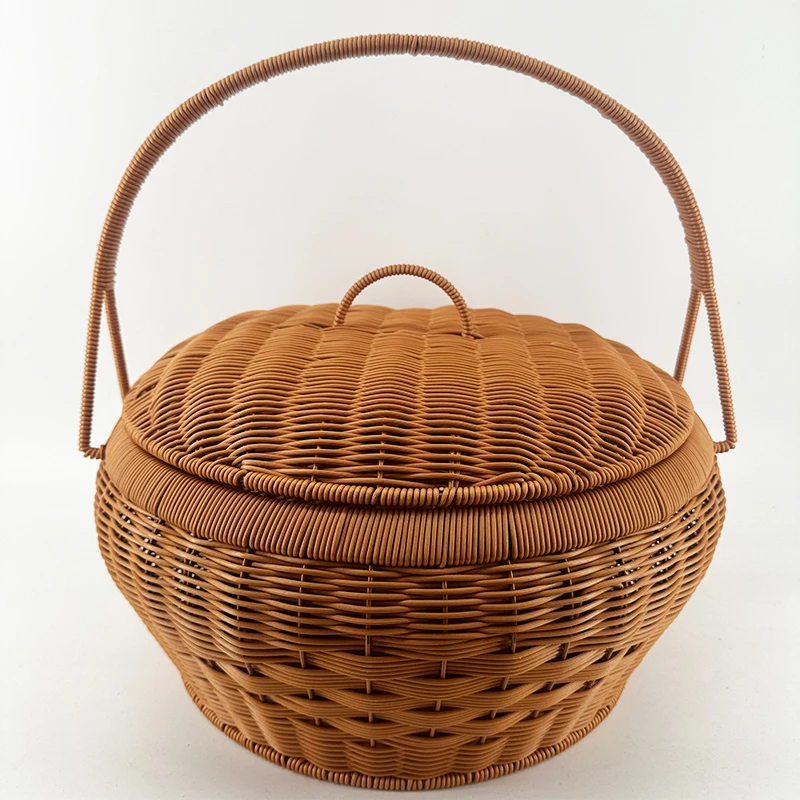 S3棕色圆形单提手郊游野餐篮纯手工编织超大号45*20