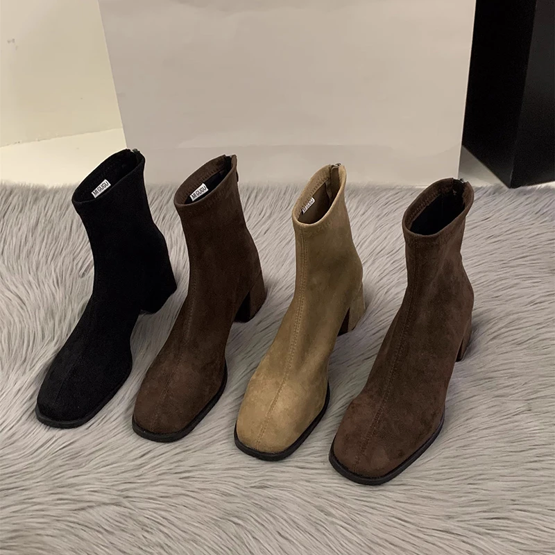 国潮高跟方头瘦瘦短靴女鞋2024年春秋季加绒韩系小踝靴马丁靴子