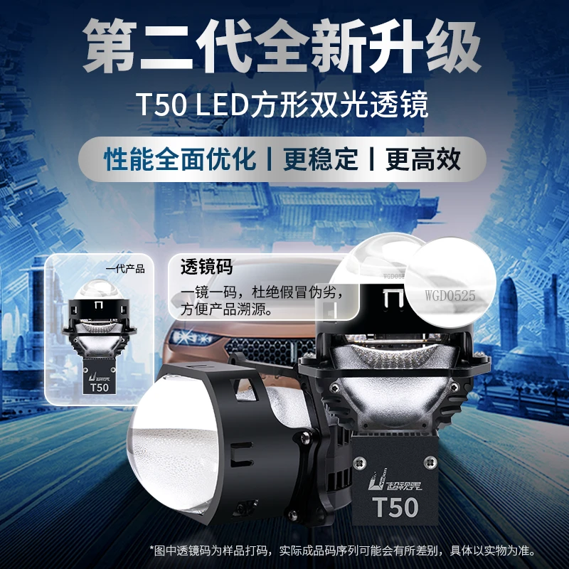 超视界全新第2代T50方形透镜LED汽车双光透镜无损行车左右近光