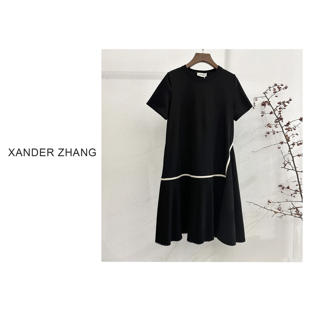 山大张百搭A版显瘦百褶T恤连衣裙YBDS1F005黑色女装气质时尚通勤