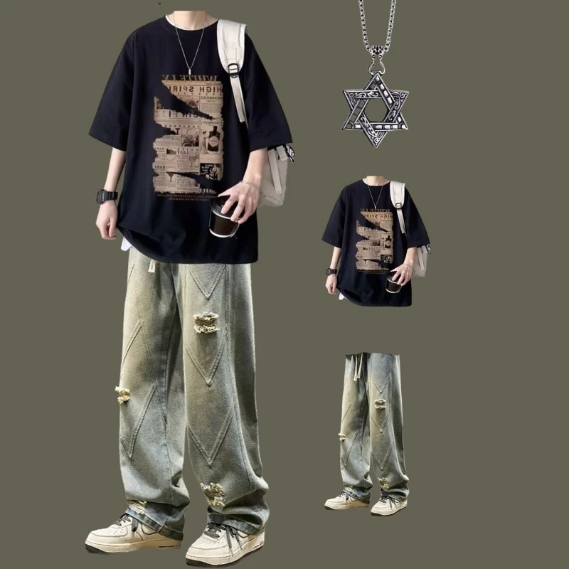 夏季短袖套装男美式潮牌t恤痞帅一套搭配休闲裤男生酷帅穿搭套装