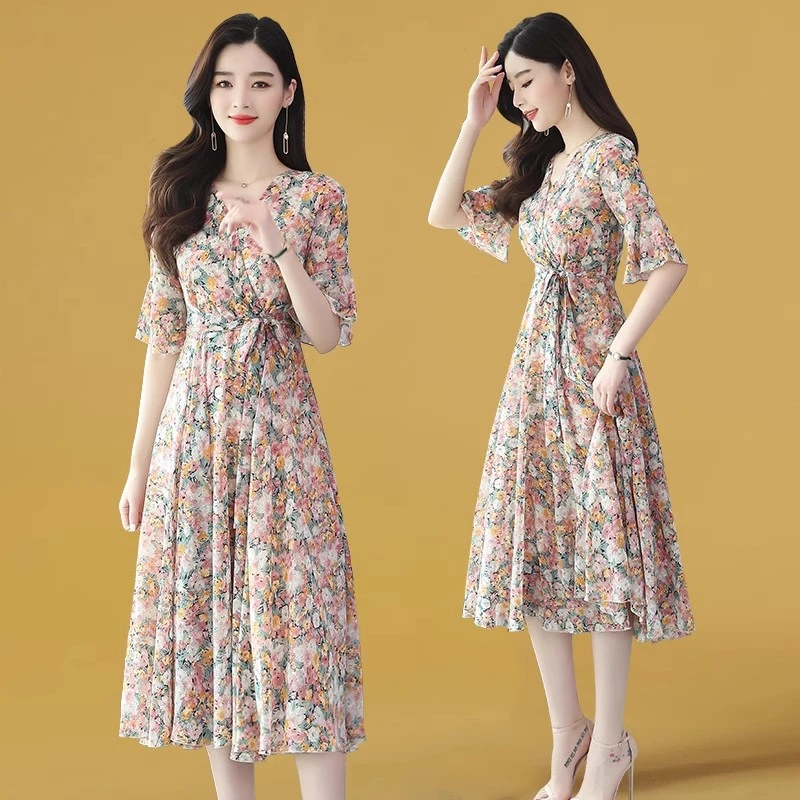 雪纺连衣裙女夏季2024新款气质端庄大气高端欧货洋气修身显瘦裙子