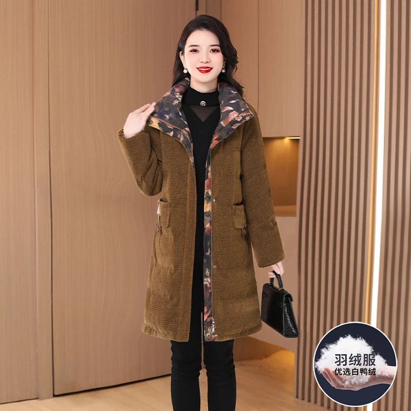 【双面穿】平湖中长款羽绒服女士冬2025新款时尚洋气高爆款端灯芯绒