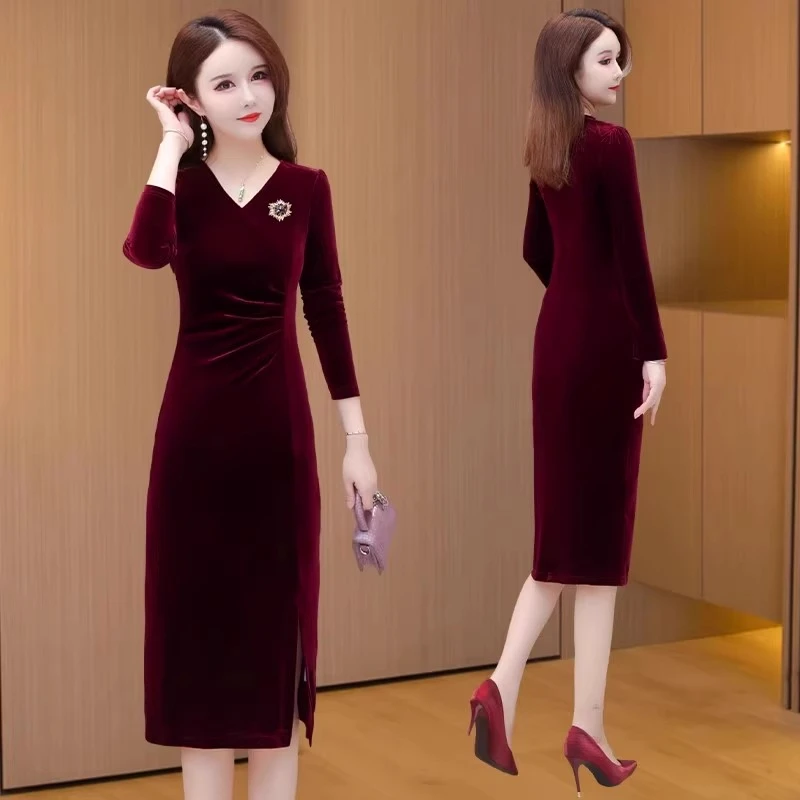 喜婆婆婚宴装连衣裙女春秋2025新款十三行高端金丝绒妈妈礼服裙子