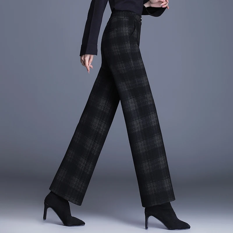 郑州女裤休闲裤2025秋冬新款厚款格子毛呢裤高端西裤阔腿直筒裤子
