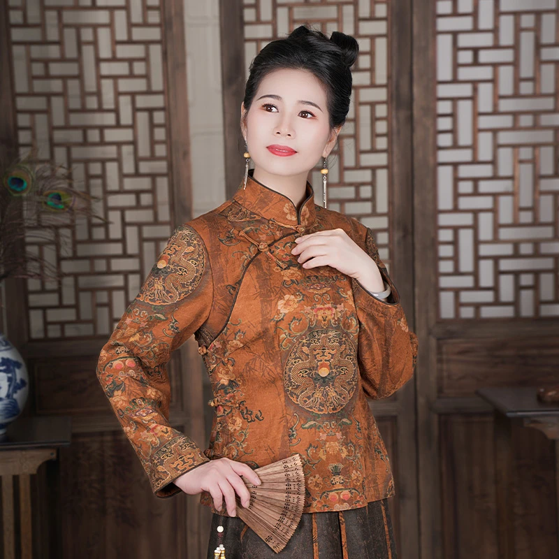 [时韵]香云纱新中式中国风定位花设计全开襟外套上衣G394340-2