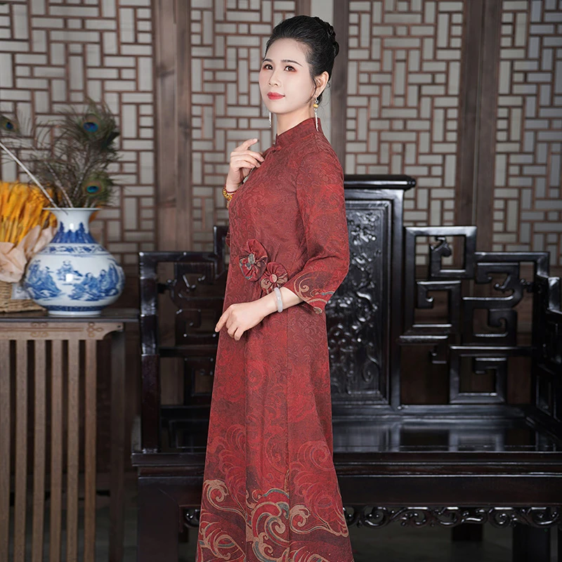 【雅颂】香云纱立体花江崖海浪纹长短袖可选旗袍连衣裙真丝旗袍