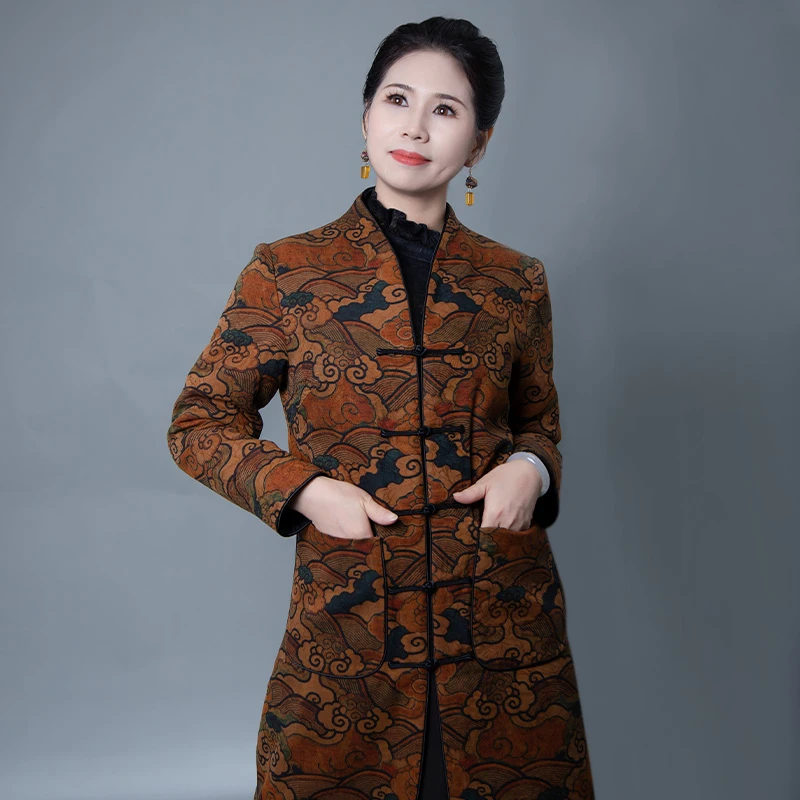 【吉祥如意】香云纱中式双面穿加厚保暖冬季棉服中长款外套C359089