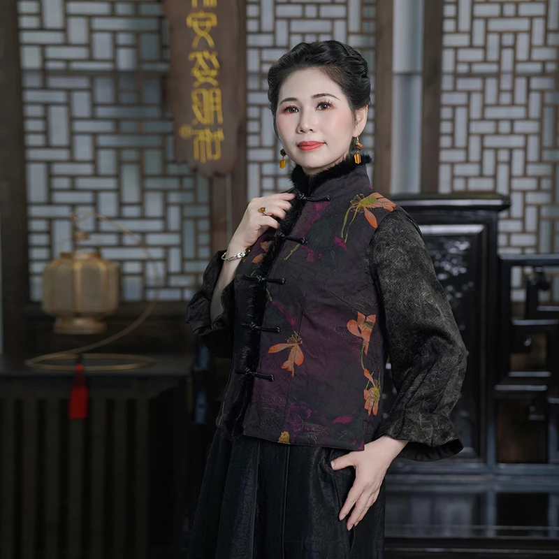 【紫气蓬来】香云纱毛条双面穿马甲保暖夹棉背心C364082-1