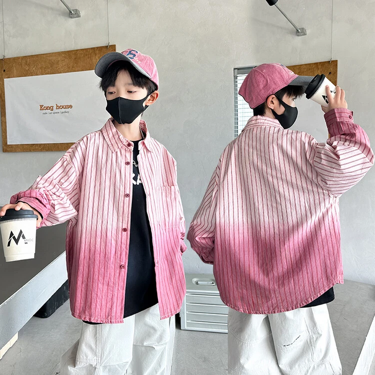 男童衬衣秋装2024新款网红中大童渐变色上衣春秋衬衣