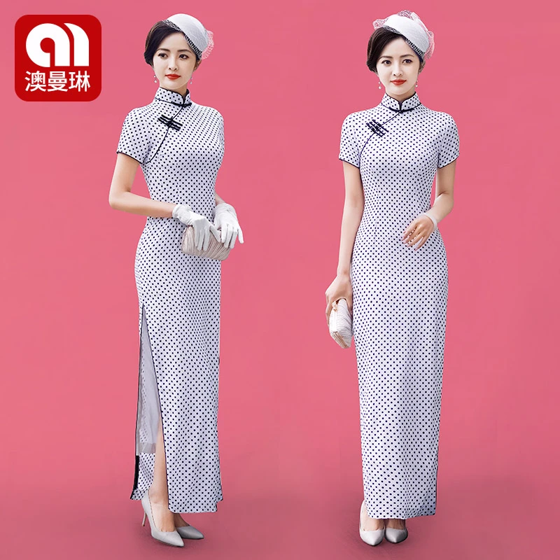 澳曼琳2024长款新款优雅气质走秀旗袍高弹改良高端舞台表演出礼服