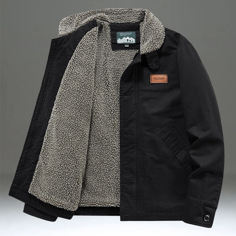 新款冬季棉衣男士美式休闲加绒加厚工装夹克复古羊羔绒外套男棉服