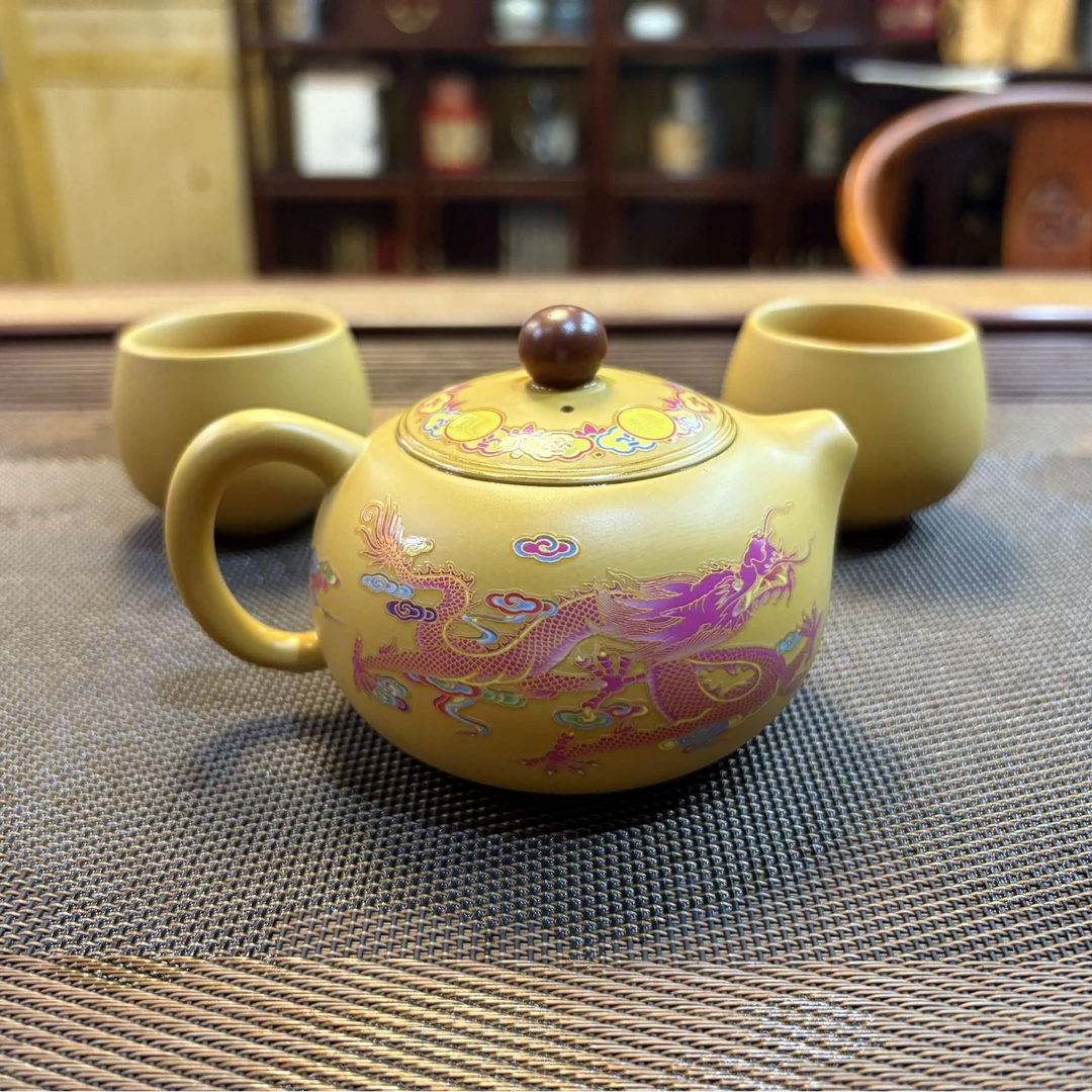 黄段龙凤呈祥西施凤鸣壶 一壶二杯带壶绳