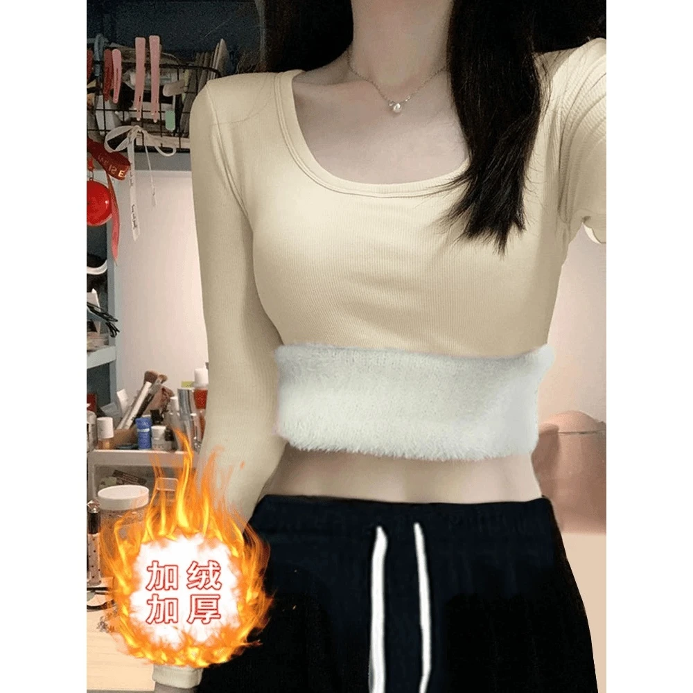 A秋冬季新款大码保暖长袖打底衫女加绒加厚修身内搭内衣T恤上衣