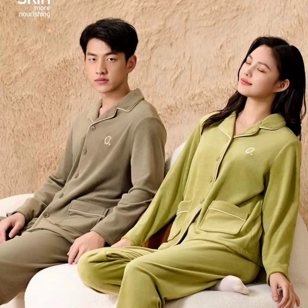 意大莱情侣贝贝绒睡衣女4959加绒厚保暖翻领开衫家居服套装男4859