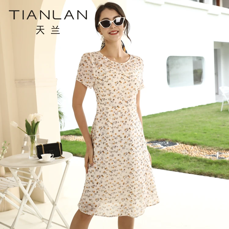 天兰女装2024春夏修身收腰气质碎花短袖连衣裙子