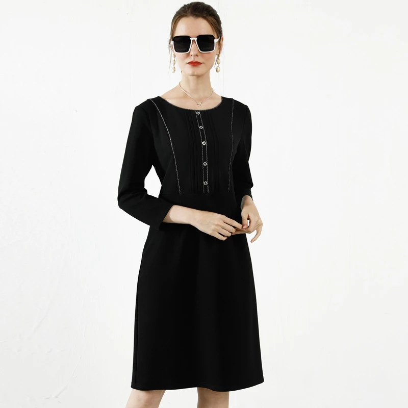 天兰时装秋季女士九分袖连衣裙收腰修身气质显瘦