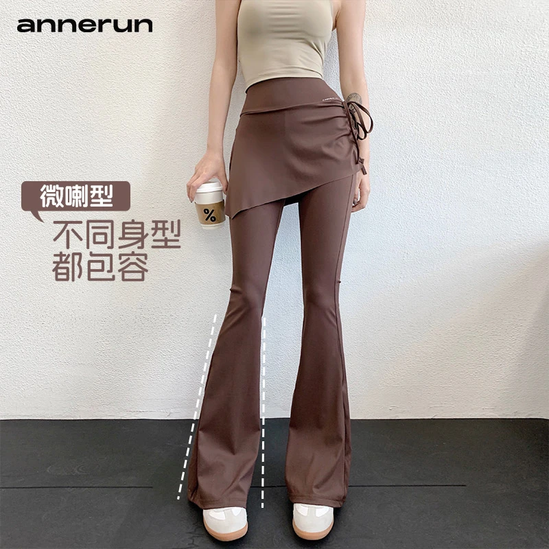 annerun假两件瑜伽裤女高腰提臀微喇裤跑步训练高弹运动遮挡长裤