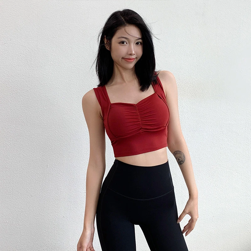 annerun固定胸垫瑜伽背心女褶皱训练健身防震跑步高强度运动内衣
