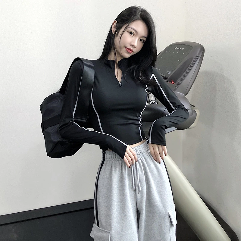 annerun宽松运动上衣辣妹短款打底健身衣抽绳长袖瑜伽服上衣