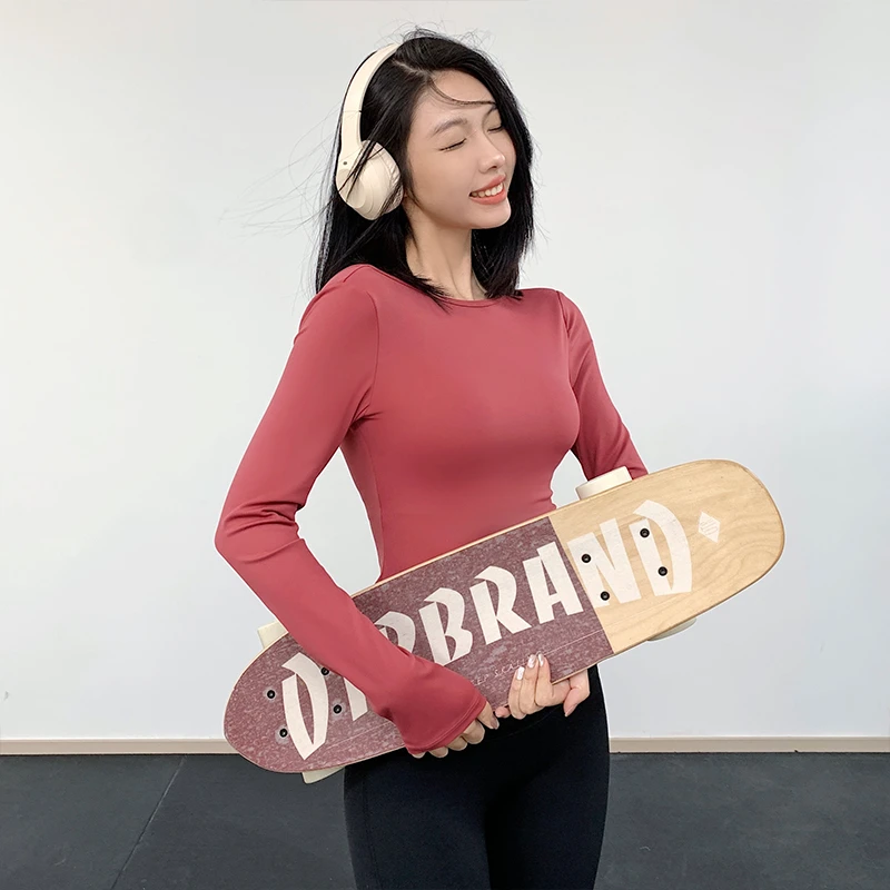 annerun圆领瑜伽服女短款U型美背长袖上衣运动健身户外透气速干衣