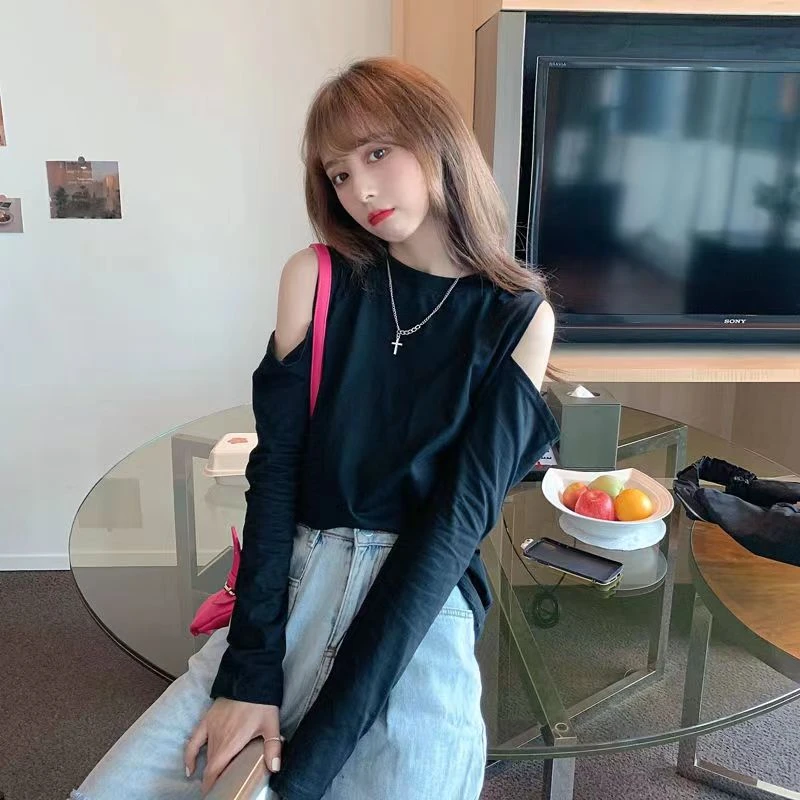 春秋长袖女上衣女装ing新款潮露肩百搭纯色休闲圆领白T