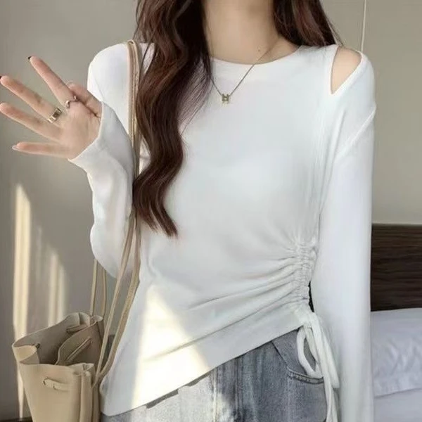 秋季长袖T恤女显瘦打底衫抽绳内搭打底衫修身显瘦不规则短款上衣