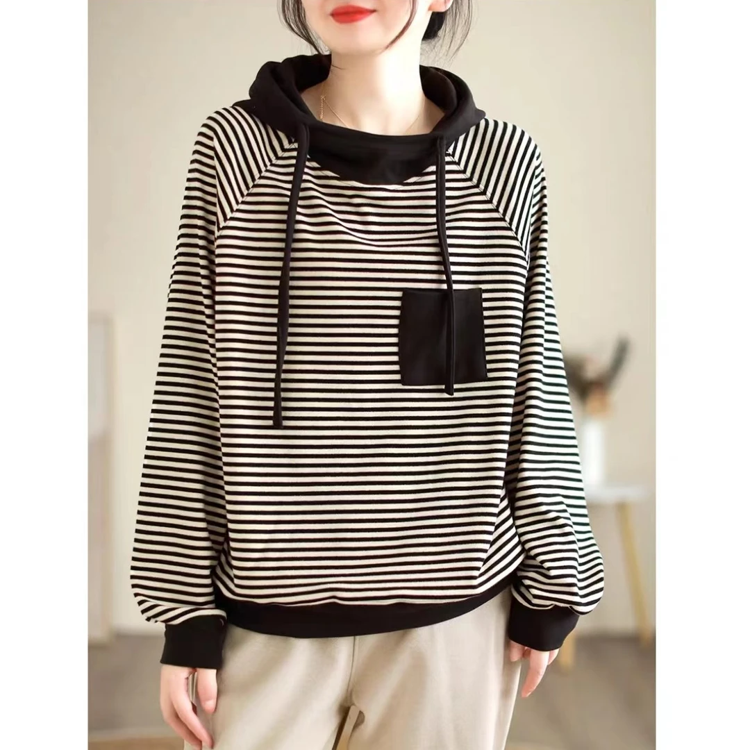 21199秋季新款女装时尚休闲欧版减龄条纹拼接显瘦连帽卫衣
