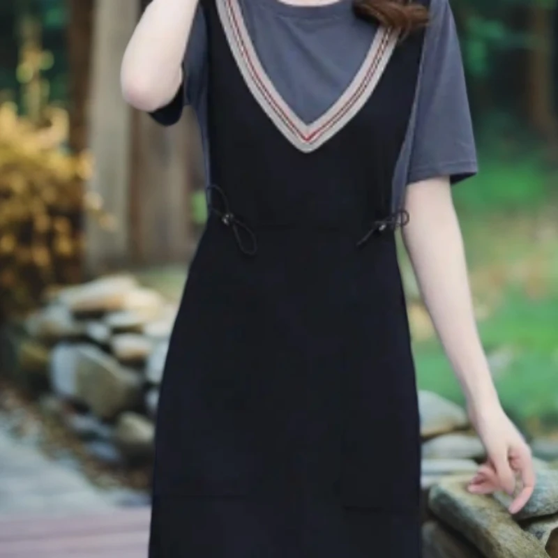 姐妹时尚潮牌黑色修身大码女装夏季洋气显瘦夏装假两件中长款百搭