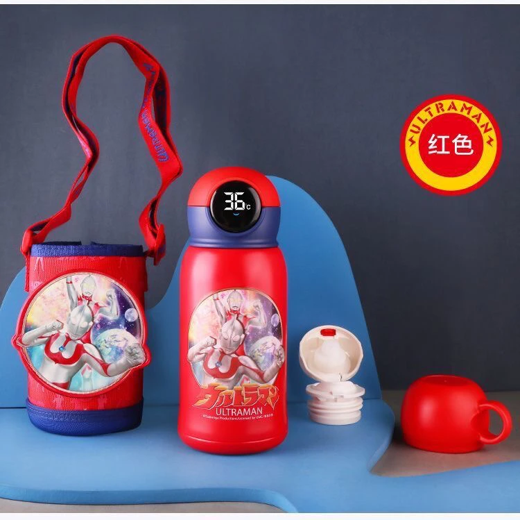 奥特曼儿童保温杯吸管智能显温双盖学生水杯男童卡通大容量礼盒装