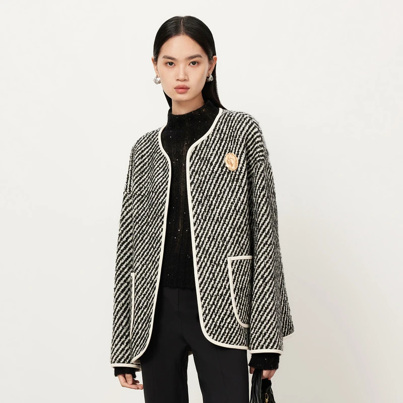 【商场同款】HPLY荷比俪2023冬季新撞色休闲毛呢大衣HMD44500307