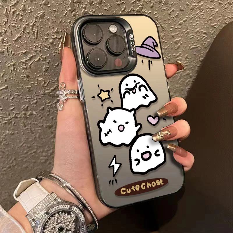 可爱幽灵金属按键苹果15手机壳iPhone14promax/13/12高级感软防摔
