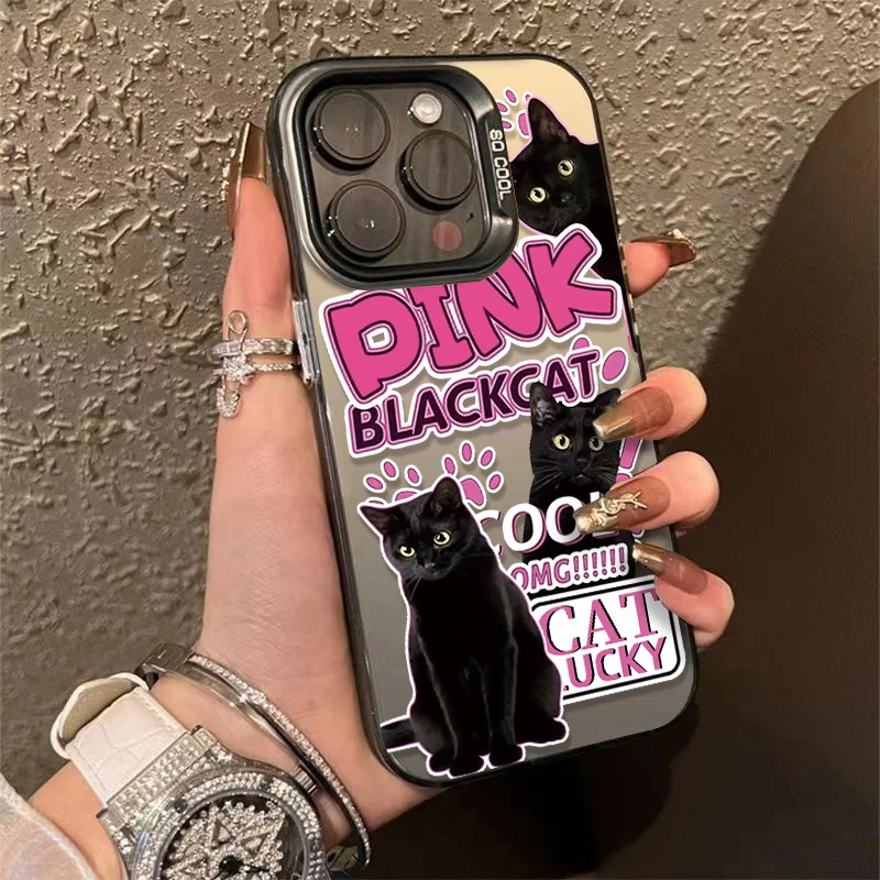 pink黑猫金属按键苹果15手机壳iPhone14promax/13/12高级感软防摔
