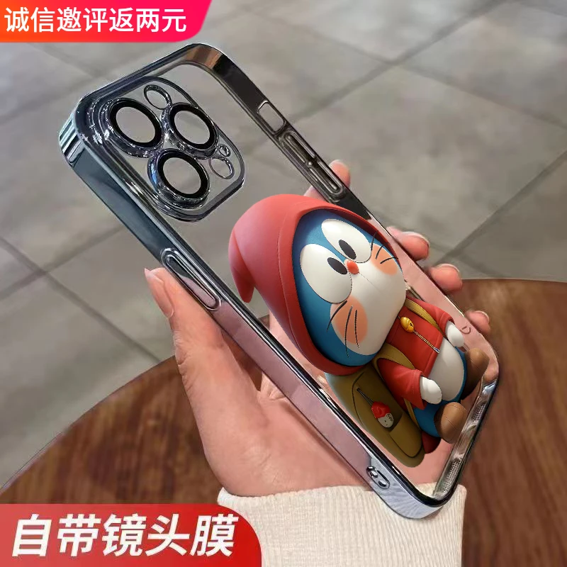 呆萌哆啦苹果14Promax手机壳电镀镜头膜iPhone15透明13/12 防摔11