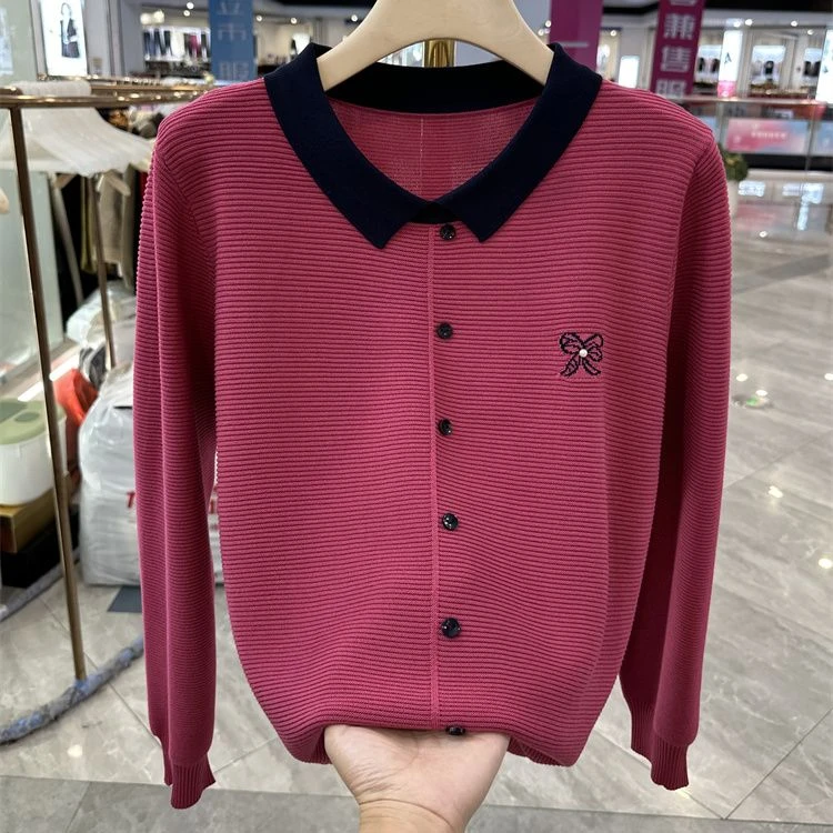 POLO领高级感上衣女款气质服装秋冬撞色百搭针织衫翻领显瘦打底衫
