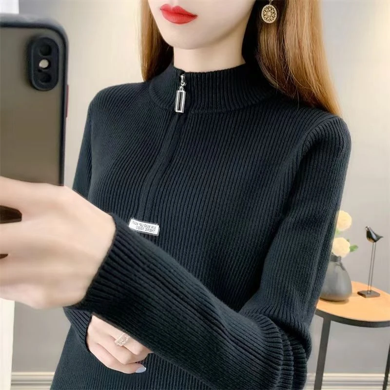 半高领纯色毛衣女装秋冬针织上衣气质拉链减龄打底衫弹力保暖打底