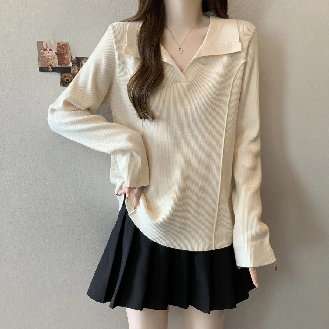 气质设计感针织衫鱼骨毛衣女秋冬纯色百搭打底衫翻领半开领上衣