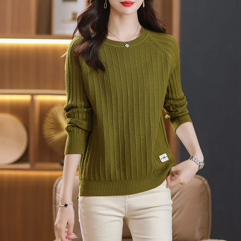 纯色高级感圆领毛衣2023早秋女装休闲打底针织衫百搭微胖遮肚上衣