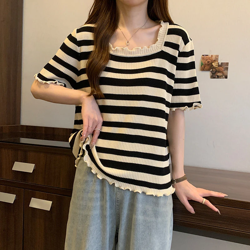 大码条纹木耳边方领t恤短袖T恤女夏季新款胖mm宽松显瘦冰丝上衣