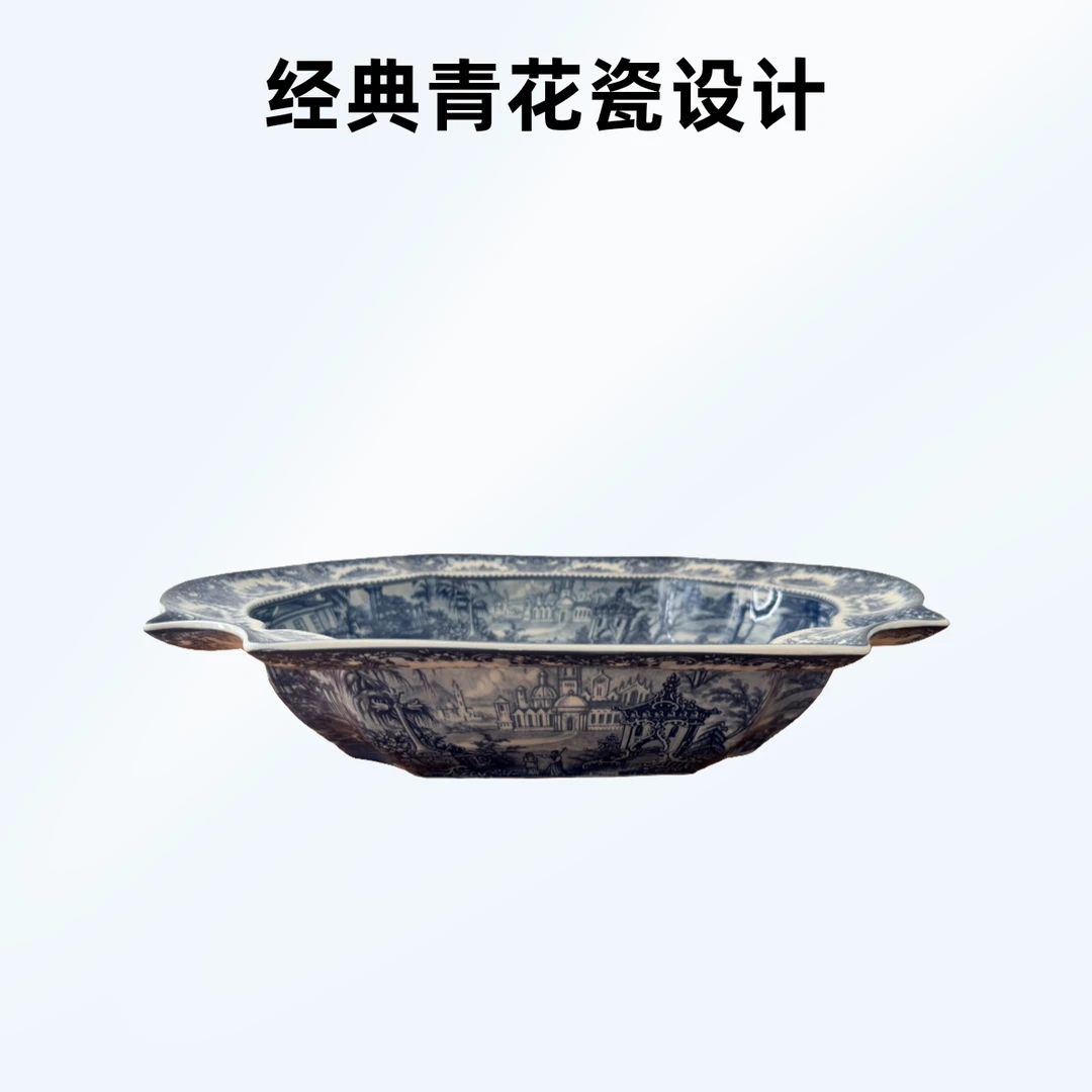 欧洲名画蓝色城堡系釉中彩椭圆形深托盘057