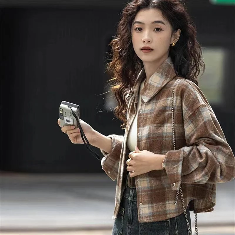 港风复古磨毛宽松格子衬衣春秋秋冬新款小个子短款长袖外套衬衫女