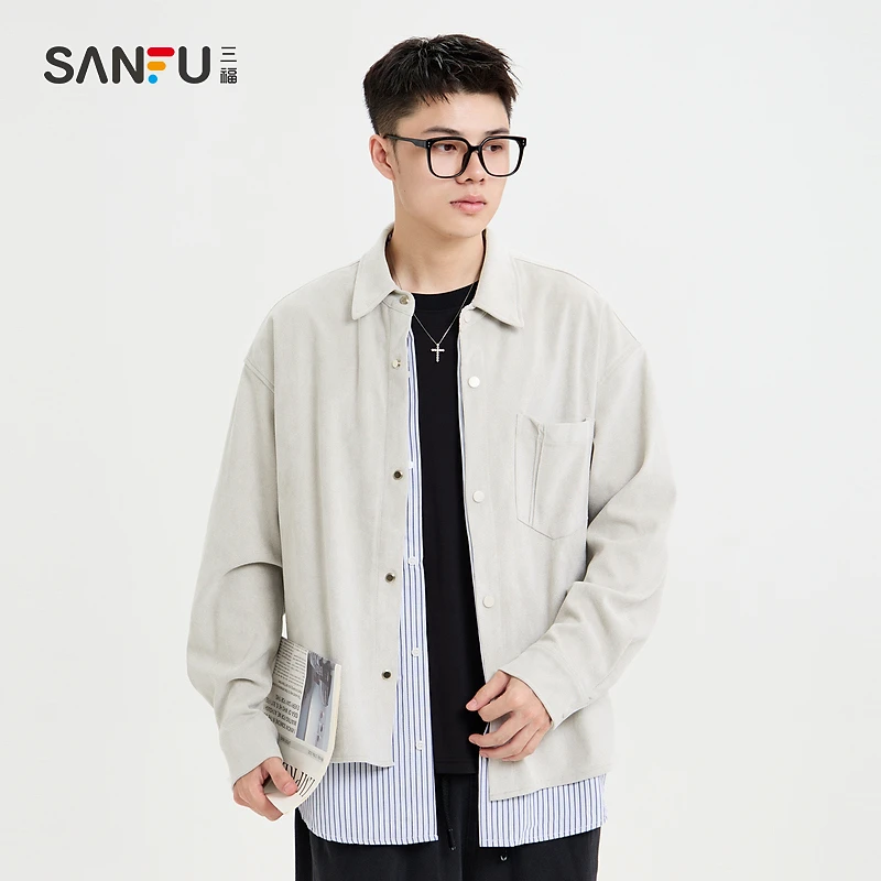 三福2024冬季男士简约假两件长衬衫 休闲合身翻领上衣493980
