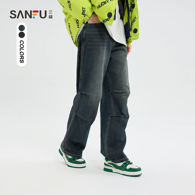三福2024冬季男士打褶设计牛仔裤 休闲宽松大直筒裤子495114