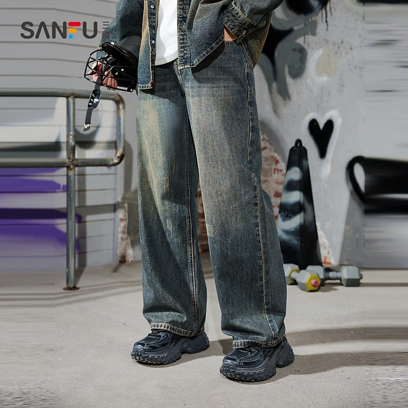 三福2025春季男士黄泥洗牛仔裤 街头宽松直筒直腰裤子494402