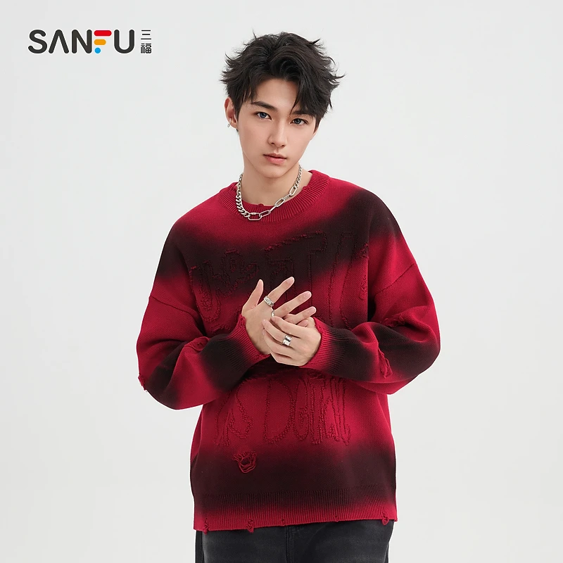 三福2024冬季男士潮流渐变剪花毛衣 街头宽松圆领上衣男494045