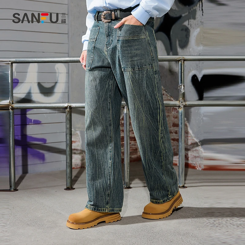 三福2025春季男士冰裂纹牛仔裤 街头宽松直筒直腰裤子494403
